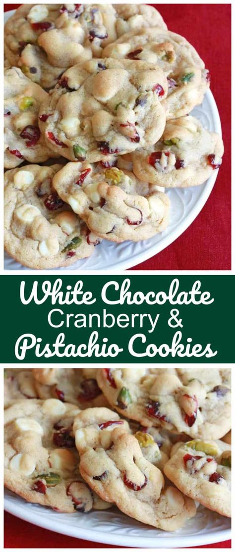 White Chocolate Cranberry Pistachio Cookies Cranberry Pistachio Cookies Christmas, Christmas Food Work Party, Cranberry White Chocolate Pistachio Cookies, Christmas Cookies With Cranberries, Few Ingredient Cookie Recipes, Cranberry And Pistachio Cookies, Cranberry Deserts Recipes, Pretty Christmas Cookie Recipes, Pistachio Cookies Christmas