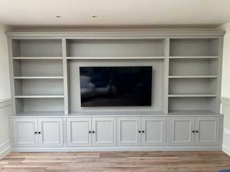 Jack Meadows Bespoke Joinery Ltd | Today we signed off on this large bespoke media unit in Farnham! Spray finished in 5% sheen Warm Pewter by Craig at @oneandonlyinteriors… | Instagram Media Unit With Shelves, Living Room Media Wall With Storage, Media Shelves, Media Wall Bookshelves, Bespoke Cabinetry Living Room, Large Media Wall, Blue Media Wall, Media Wall With Storage, Cabinetry Living Room