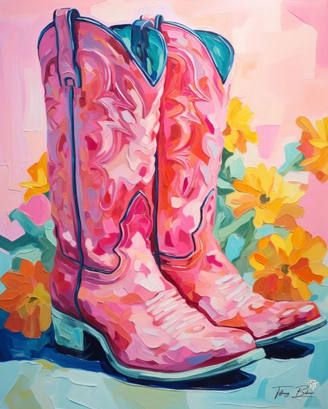 Pink Cowgirl Boots, Western Paintings, Dorm Art, Western Wall Art, Texas Art, Cowgirl Art, Pink Cowgirl, Boots Cowgirl, Summer Painting