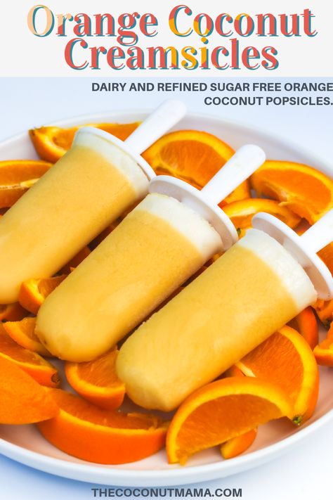 Orange coconut creamsicles are the perfect dairy-free creamsicle made with orange juice, coconut milk, honey, and vanilla. Healthy Orange Creamsicle Popsicles, Popsicle Recipes Coconut Milk, Creamsicle Popsicle Recipes, Coconut Popsicle Recipes, Grandmas Boy, Savory Desserts, Coconut Milk Popsicles, Frozen Things, Homemade Fruit Popsicles