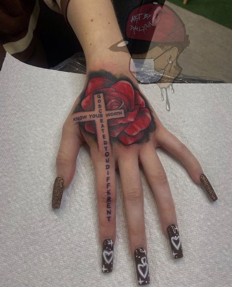 Tattoo Ideas Female Meaningful Hand, Female Hand Tattoos Black Women, Baddie Tats Hand, Meaningful Hand Tattoos For Women, Hand Tattoos Cross, Hand Tattoos For Women Words, Red Rose Hand Tattoo, Thug Tattoos For Women, Dope Hand Tattoos For Women