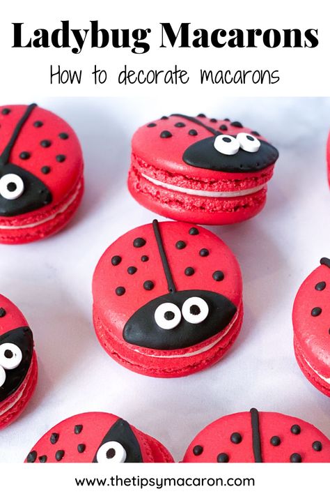 These ladybug macarons were so easy to make and decorate! My friends couldn't believe I had made them! They were so delicious and cute! Miraculous Ladybug Party Snacks, Ladybug Macarons, Macaroon Ideas, Decorate Macarons, Character Macarons, Ladybug Food, Macaron Decoration, Macaroons Flavors, Bake Sale Desserts