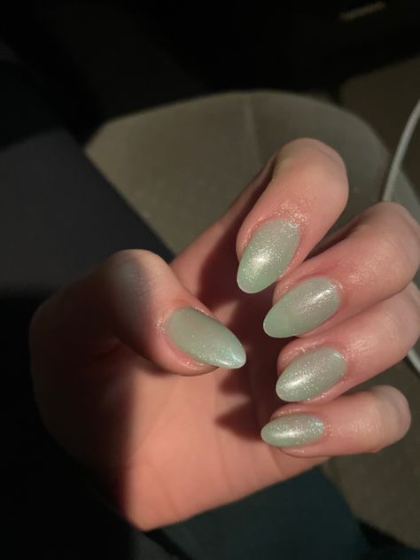 Celadon Nails, Light Green Pearl Nails, Sparkly Light Green Nails, Jade Color Nails, Green Pearl Nails, Pale Green Nails, Jade Green Nails Acrylic, Green Jelly Nails, Nails Green Aesthetic