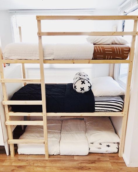 • B u n k B e d s • Sure glad we have these for our 3 kiddos✨ . . #bunkbeds #rvlife #rvliving #rvlifewithkids #minimalistliving… Camping Barbie, Caravan Bunk Beds, Caravan Bunks, Rv Bunk Beds, Vintage Caravan Interiors, Rv Diy, Modern Loft Bed, Rv Design, Story Settings