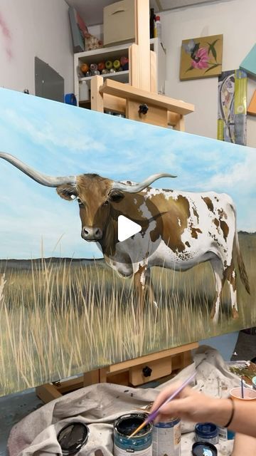 Whitney Hayden on Instagram: "Goood morning! I’m starting my @claywalker portrait today but first I had to finish up this girl 🤠 anyone else need a #longhorn painting because I’m on a roll 🧑🏼‍🎨" Longhorn Bull Painting, Longhorn Painting, Longhorn Cow, March 4, But First, How To Paint, Cow, Paint, On Instagram