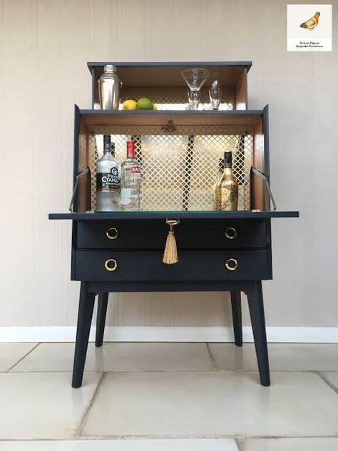 Farrow And Ball Off Black, Home Bar Cabinet, Cocktail Cabinet, Farrow And Ball, Diy Bar, Drinks Cabinet, Mobile Bar, Living Room Cabinets, Refurbished Furniture