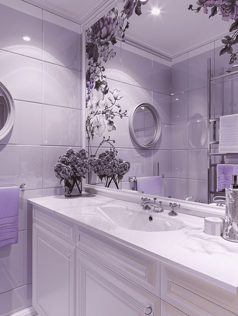 15 Incredible Purple Bathroom Ideas Lilac Bathroom Tiles, Purple Decor Bathroom, Purple Theme Bathroom, Purple Themed Bathroom, Purple Bathroom Aesthetic, Light Purple Bathroom Ideas, Purple Bathroom Tile, Colorful Bathroom Decor Ideas, Purple House Interior Ideas