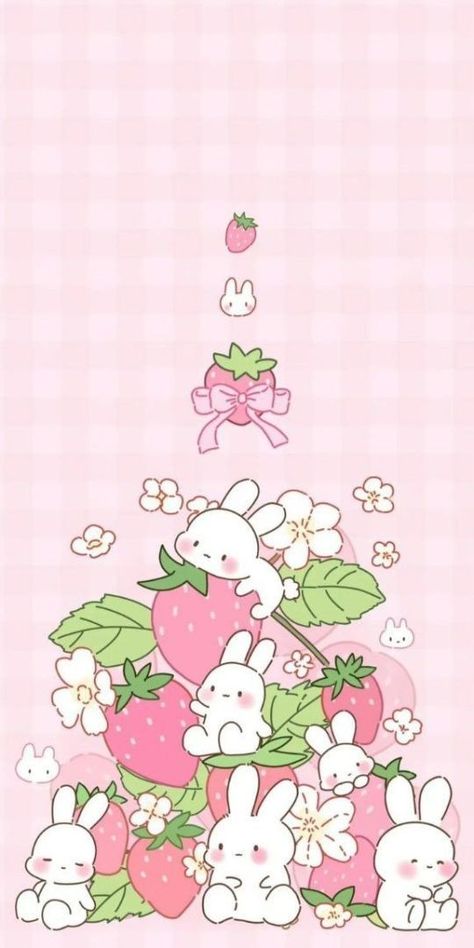 Pink Cute Wallpaper Backgrounds, Cute Pink Bunny Wallpaper, Strawberry Bunny Wallpaper, Cute Bunny Wallpaper Iphone, Pink Strawberry Wallpaper, Bunny Wallpaper Aesthetic, Pink Bunny Wallpaper, Strawberry Wallpaper Aesthetic, Cute Bunny Wallpaper