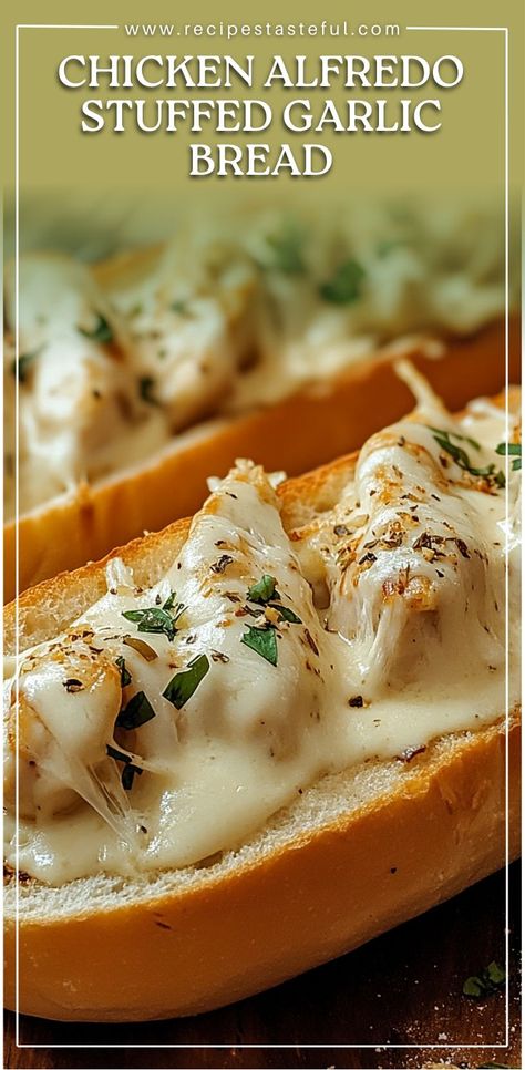 Indulge in these delicious Chicken Alfredo Stuffed Garlic Bread Subs, featuring tender grilled chicken smothered in creamy Alfredo sauce, all nestled in buttery garlic bread. Perfect for a hearty meal any day of the week! Stuffed Garlic Bread, Chicken Smothered, Creamy Alfredo Sauce, Grilled Chicken Tenders, Mozzarella Chicken, Quick Weeknight Meals, Delicious Chicken, Chicken Alfredo, Alfredo Sauce