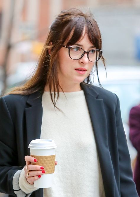 Dakota Johnson Street Style, Bangs And Glasses, Woman With Glasses, Dakota Style, Half Bun, Dakota Johnson Style, Dakota Mayi Johnson, Walking Down The Street, Anastasia Steele