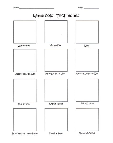 I made a watercolor worksheet for my Art 1 classes! #watercolor #worksheet #arteducation #paintingtechniques Watercolour Techniques Worksheet, Watercolor Lessons Middle School, Watercolor Practice Worksheet, Watercolor Lessons High School, Watercolor Art Lessons High School, Watercolor Art Projects High School, Watercolour Worksheet, Middle School Watercolor Projects, High School Watercolor Projects