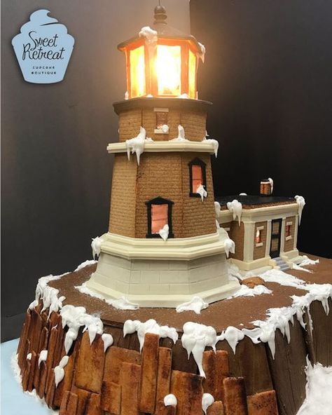 Sweet Retreat on Instagram: "Gingerbread house number 3, Split Rock Lighthouse, complete with gingerbread cliff... I think this is the heaviest gingerbread house we’ve ever made! Check it out live at Gingerbread Wonderland at Norway House now through January 5. . . . #gingerbread #gingerbreadhouse #splitrocklighthouse #northshoremn #upnorth #lighthouse #sweetretreatmn #forstacey" Ocean Gingerbread House, Up House Gingerbread, Gingerbread House Village Ideas, Lighthouse Gingerbread House, Themed Gingerbread House Ideas, Gingerbread House Unique, Gingerbread House Themes, Christmas Gingerbread House Ideas, Gingerbread Lighthouse