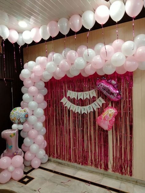 Baloon Decoration Idea At Home, Simple 1st Birthday Decorations, Kareena Wedding, Airplane Birthday Party Decorations, Birthday Setup, 1st Birthday Backdrop, Happy Birthday Baby Girl, Birthday Celebration Decorations, Christening Decorations