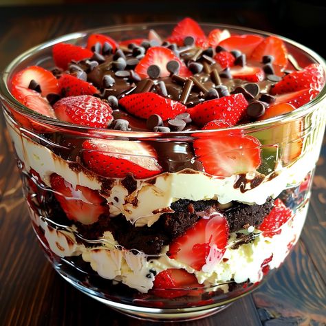 Strawberry Chocolate Brownie Trifle Strawberry Truffle Cake, Brownie Strawberry Trifle, Trifle Recipes Easy Simple, Brownie Layered Desserts, Strawberry Trifle Recipes, Truffle Desserts Layered, Brownie Trifle Recipes, Dessert Trifle Recipes, Christmas Pudding Ideas