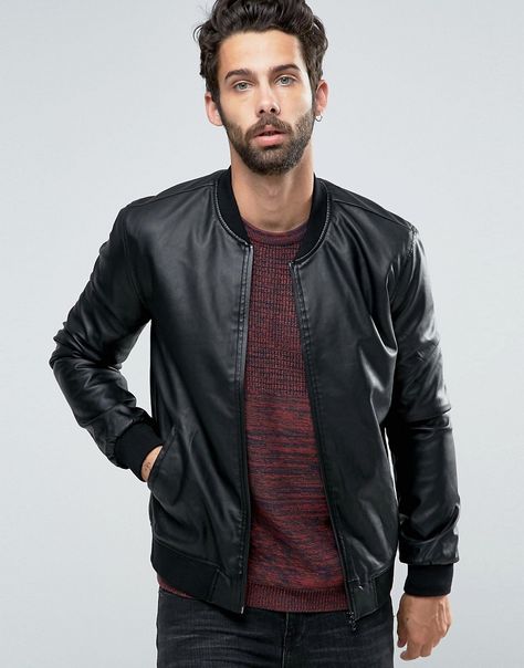 Only+&+Sons+Faux+Leather+Bomber+Jacket Black Leather Jacket Men, Womens Black Leather Jacket, Camisa Jeans, Faux Leather Biker Jacket, Winter Mode, Genuine Leather Jackets, Leather Jacket Black, Black Leather Jacket, Leather Jackets Women