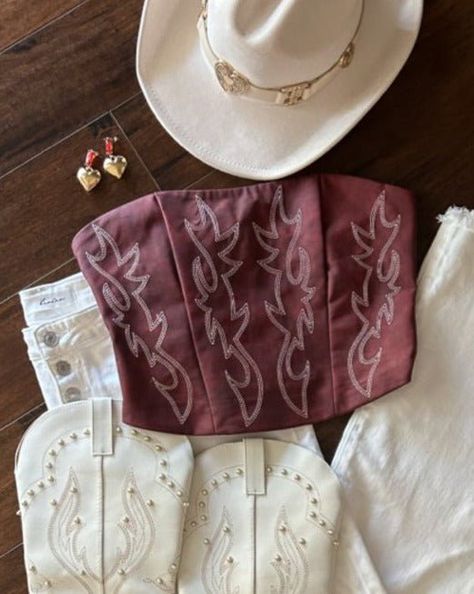 Dark Red Faux Leather Embroidered Western Cowboy Corset Top – Cindy Jane Boutique Country Valentines Outfit, Leather Country Outfit, Red Country Concert Outfit, Country Concert Outfit Cold Weather, Dark Red Corset, Country Outfits For Concerts, Country Concert Looks, 70s Western Fashion, Western Concert Outfit