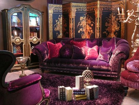 Purple Velvet Couch Living Room, Purple Velvet Couch, Purple Couches, Dream Couch, Bohemian Style Living Room, Bohemian Style Living, Purple Furniture, Purple Couch, Victorian Boho