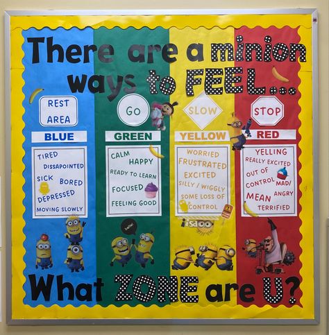 Zones of Regulation. There are a minion ways to feel…which zone are you? 
#minions #zonesofregulation #socialworker Minions Classroom Decor, Computer Room Decor, Minion Bulletin Board, Minion Classroom Theme, Minion Classroom, Year 1 Classroom, Classroom Borders, Classroom Boards, Zones Of Regulation