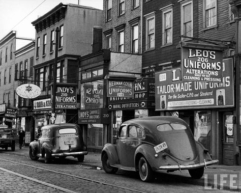 Sand Street, Brooklyn, 1946. Once Upon a Town Navy Uniform, Navy Uniforms, Pt Cruiser, Vintage New York, White Photos, Brooklyn New York, Street Scenes, Car Parking, Vintage Photography