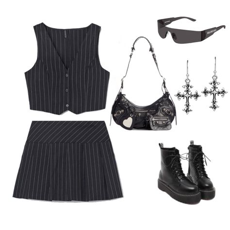 Pinstripe Skirt Outfit, Cute Concert Outfits, Pinstripe Skirt, Bratz Inspired Outfits, Rock Outfit, Pinstripe Dress, Skirt Outfit, Lookbook Outfits, Polyvore Outfits