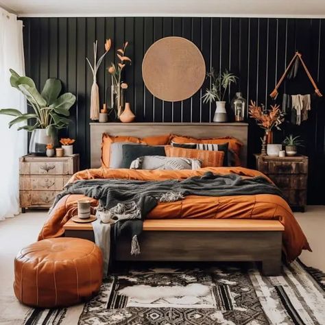 Moody Bedroom Ideas, Boho Bedroom Design, Small Bedroom Designs, Bohemian Bedroom Decor, Bedroom Layouts, Bedroom Designs, Master Bedrooms Decor, Industrial Chic, Boho Bedroom