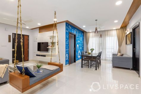 home-interiors-hyderabad-living-room-swing L Shaped Living Room, Room Swing, Low Budget House, Lights Mirror, Budget Interior Design, Pop Ceiling Design, Indian Homes, False Ceiling Design, Loft Spaces