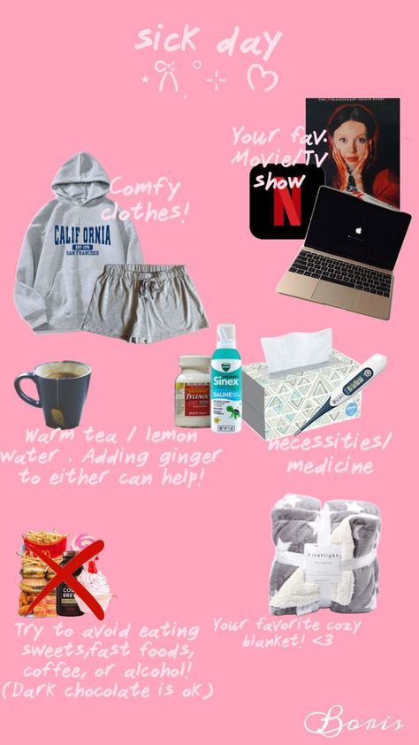 Tips for having a sick day bcs I’m currently sick <3 #sick #sickday #cold #coldtips #sicktips #sickdaytips #sickdayfits #sickdayoutfit #getwell #getwellsoon Sick Day Tips, Sick Day Outfit, Sick Day Essentials, Big Blue House, Sick Day, Cold Remedies, Pink Girly Things, Comfy Outfits, Girly Things