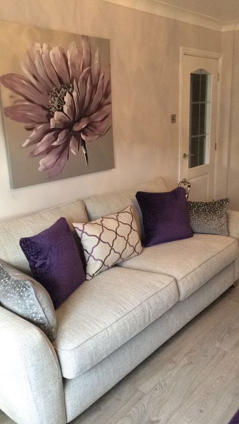 My Sophia Sofa from Dfs . I had the main cushions specially made from them to create my perfect color choice . Gray Beige Purple Living Room, Lavender Accent Living Room, White And Lavender Living Room, Living Room Purple And Grey, Beige And Purple Living Room, Purple Themed Living Room, Living Room Purple Accents, Gray And Lavender Living Room, Lilac Living Room Decor