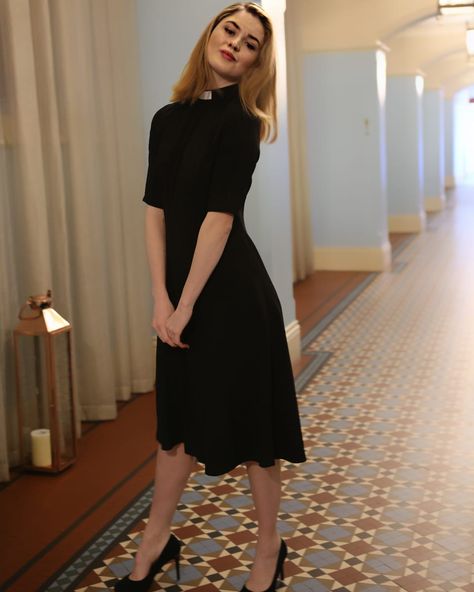 A cute female clergy dress Ministry Apparel, Full Length Dresses, Clergy Women, Women Church Suits, Church Suits, Full Length Dress, World One, Tea Length Dresses, Tea Dress