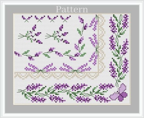 Lavender Cross Stitch, Lavender Frame, Lavender Border, Plant Cross Stitch, Cross Stitch Borders Corner, Free Cross Stitch Charts, Floral Borders, Cross Stitch Border Pattern, Cross Stitch Fonts