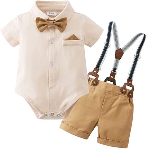 Cotton

Snap closure

Machine Wash

【Great Fabrics】: Newborn baby boy gentleman clothes outfits is made of high-quality cotton fabric, which is super soft, lightweight and breathable, better protection to baby's skin. Package: 1 * apricot top, 1 * khaki pant, 1 * bowtie, 1 * suspender.

【More convenient】: The toddler boy clothes short sleeve romper shirt has buttons in the crotch, snap on closure, convenient for wear and diaper changing.

【Design】: The baby boy summer clothes bib pants are desig Bodysuit Shirts, Formal Boys Outfit, Toddler Boy Summer, Suspender Shorts, Gentleman Outfit, Bodysuit Shirt, Baby Boy Summer, Suspender Pants