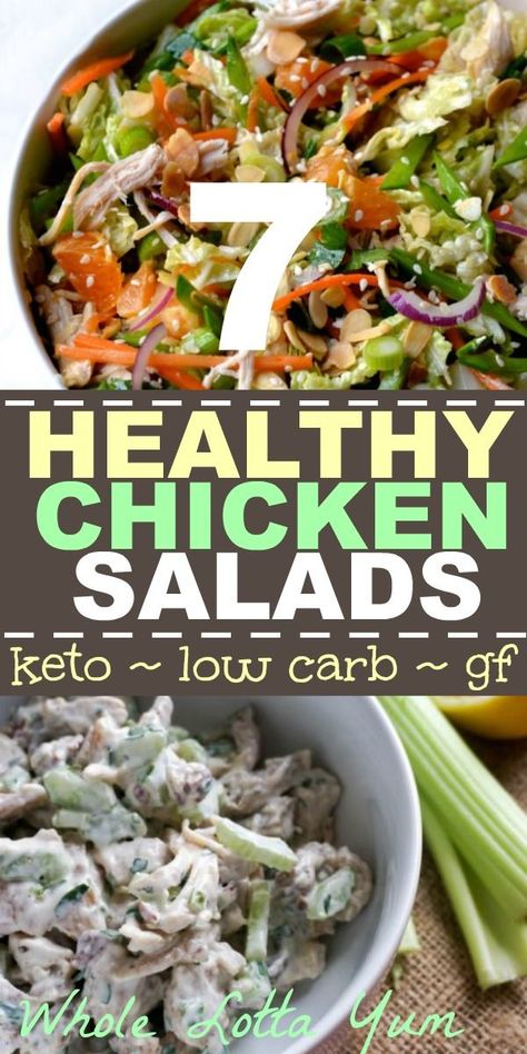 7 healthy chicken salad recipes that are also keto salads, low carb, gluten free and sugar free! Keto salad recipes with whole ingredients make great healthy meal prep lunches. #chicken #keto #ketogenic #ketorecipes #lowcarb #mealprep #lunches #healthylunches #salads #healthysalads  glutenfree Salads Low Carb, High Protein Chicken Salad, Keto Salad Recipes, Low Carb Chicken Salad, Salad Recipes Low Carb, Healthy Chicken Salad Recipe, Keto Salads, Keto Chicken Salad, Chicken Salads