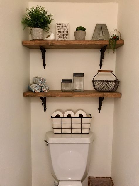 Open shelving in powder room, half-bath, bathroom Half Bath Decor, Half Bath Remodel, Half Bathroom Decor, Pipe Shelf, Bathroom Shelf Decor, Shelf Floating, Powder Room Decor, Guest Toilet, Restroom Decor