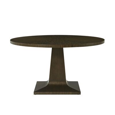 The Lido round dining table, crafted from a prima vera in our deep bistre finish, is set upon a sophisticated tapering square base with reeded carving details. Theodore Alexander Lido Pedestal Dining Table - Dining Tables in Dark Brown | Size 30" H X 54" W X 54" L | Perigold Pedestal Kitchen Table, Trestle Dining Tables, Theodore Alexander, Square Dining Tables, Pedestal Dining Table, Table Dining, Rectangular Dining Table, Round Dining, Round Dining Table