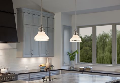 Put safety first with two Small 1-Light Grant Mini Pendants over your kitchen island! The classic Americana styling will add nostalgic flair to your space! #kitchendesign #traditional #homedesign #homedecor Dinette Tables, Quoizel Lighting, Kitchen Island Lighting, Island Lighting, Fixer Upper, Apartment Therapy, Kitchen Lighting, Mini Pendant, Lighting Collections