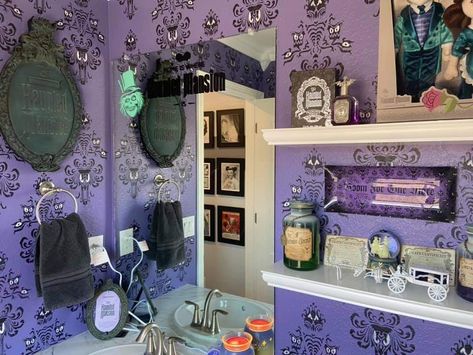 Haunted Mansion Bathroom, Mansion Bathroom, Mansion Rooms, Powder Room Remodel, Disney Furniture, Celebrating 100 Years, Disney Haunted Mansion, Downstairs Bathroom, Corner Shelves