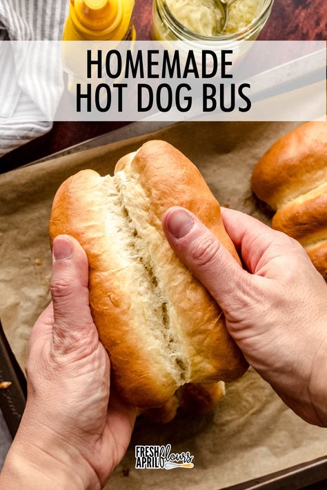 These easy homemade hot dog buns will be a new favorite addition to your cookout. This recipe makes 10 buns, so you'll never be stuck with extra dogs ever again! Recipe also includes instructions for turning this hot dog buns recipe into homemade hamburger buns.  via @frshaprilflours Hot Dog Buns Homemade, Homemade Brat Buns, Sub Buns Recipe, Soft Hot Dog Buns, Kamut Bread, Homemade Hot Dog Buns, Hot Dog Buns Recipe, Homemade Hot Dogs, Hot Dog Bun