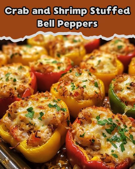 Seafood Stuffed Peppers, Shrimp Stuffed Bell Peppers, Crab And Shrimp, Shrimp Stuffed, Shell Fish, Shellfish Recipes, Interesting Food, Sea Food, First Bite