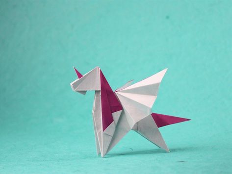 Designed and folded by Pierre-Yves Gallard (source: ) #origami #unicorn Origami Unicorn, Winged Unicorn, Paper Projects, Sheet Of Paper, Origami, Square, Art, Design