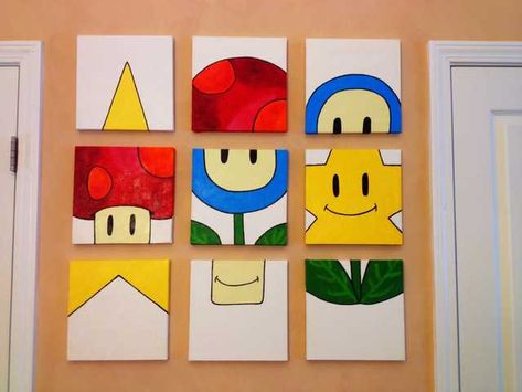 Mario Wall Art, Video Game Themed Bedroom, Mario Bedroom, Diy Video Game, Video Game Wall, Mario Room, Couch Wall, Game Wall Art, Video Game Wall Art