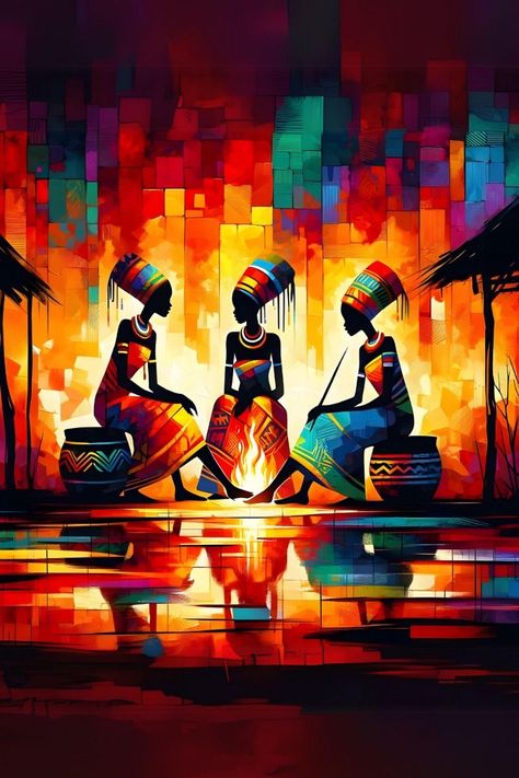 African Images Art Prints, African Abstract Art Paintings, African Artwork Traditional, African Art Paintings Culture, Africa Art Painting, African Color Palette, African Landscape Painting, African Culture Art, Afro Painting