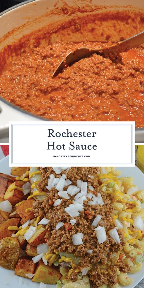 Rochester Hot Sauce Recipe, Nick Tahou Meat Sauce Recipe, Teen Recipes, Hot Dog Sauce Recipe, Garbage Plate, Hot Dog Chili Sauce, Beef Tomato, Hot Dog Sauce, Chili Sauce Recipe