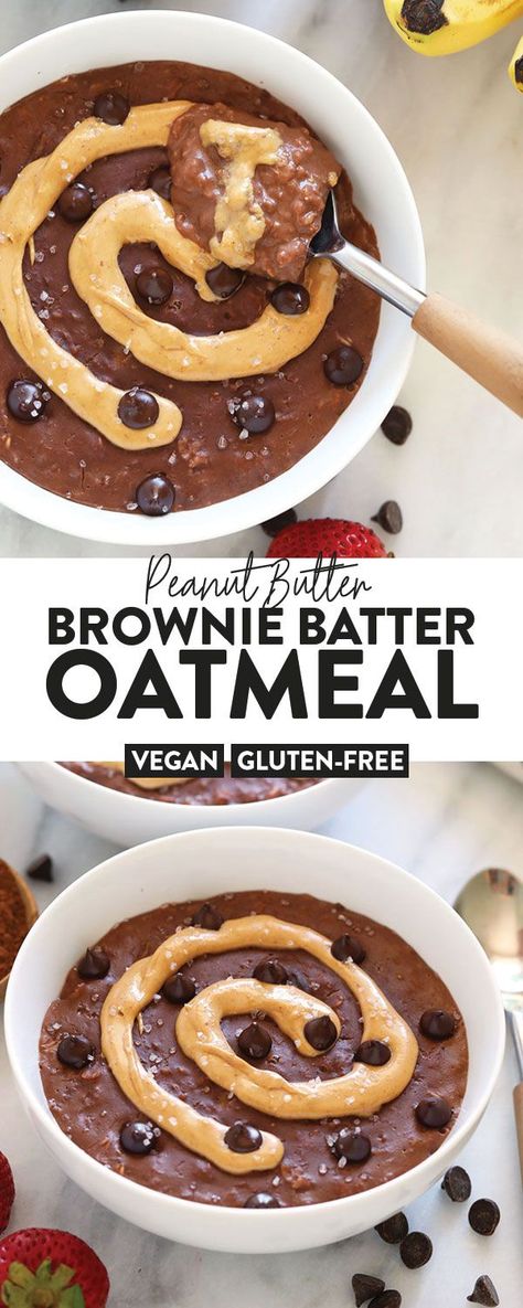 Brownie Batter Peanut Butter Swirl Stovetop Oatmeal, the healthy chocolate oatmeal of your dreams. Use this easy chocolate stovetop oatmeal recipe and then swirl in your favorite peanut butter for a breakfast that tastes like dessert, but is actually healthy! #oatmeal #vegan #glutenfree #peanutbutter Peanut Butter Chocolate Breakfast, Healthy Brownie Oatmeal, Chocolate Brownie Oatmeal, Stovetop Oatmeal Recipes Breakfast, Chocolate Oatmeal Recipes Breakfast, Healthy Breakfast Chocolate, Oatmeal Recipes Stovetop, Flavored Oatmeal Recipes, Chocolate Oatmeal Recipes