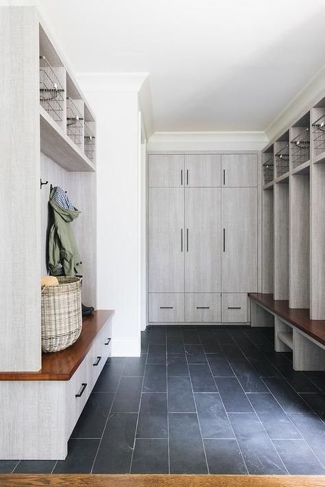 Modern Farmhouse Inspiration: An expansive gray mudroom boasts slate floor tiles and gray oak flat front cabinets accented with oil rubbed bronze pulls. Tile Mudroom, Foyer Tile, Flat Front Cabinets, Farmhouse Foyer, Farmhouse Mudroom, Mudroom Cabinets, Mudroom Flooring, Slate Tile Floor, Farmhouse Flooring