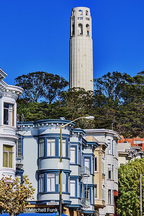 Row Of Victorian Houses With Coit Tower In Background,  San Francisco   mitchellfunk.com Coit Tower San Francisco, San Francisco Architecture, Redwood City California, San Francisco Houses, Sao Francisco, Redwood City, Washington Square, Victorian Houses, San Fran