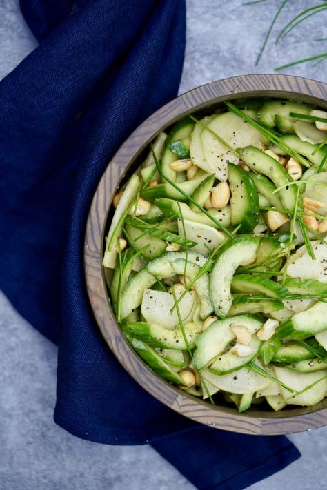 Cucumber And Kohlrabi Salad – SIMMER + SAUCE Kohlrabi Salad, Salad For Summer, Kohlrabi Recipes, Persian Cucumber, Salad Sauce, Vegetable Side, Garden Recipes, Fresh Chives, Collard Greens