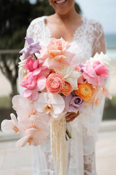 Carla & Joel Noosa Wedding - Mondo Floral Designs Mondo Floral Designs, Wedding Bouquets With Orchids, Sunset Florals, Aulani Wedding, Engagement Backdrop, Orchid Bouquet Wedding, Ocean Flowers, Color Durazno, Colorful Bridal Bouquet