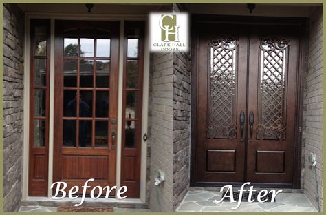 Before: Single with Sidelights After: Double Clark Hall Iron Doors Front Doors With Sidelights, Fromt Doors, Doors With Sidelights, Front Door With Sidelights, Single Front Door, Door With Sidelights, Front Porch Addition, Double Front Entry Doors, Foyer Furniture