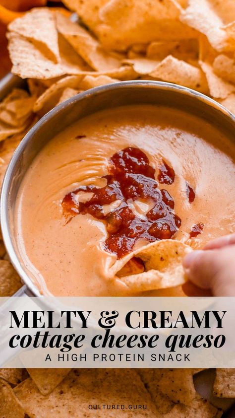 You're going to love this healthier, melty, and creamy cottage cheese queso dip recipe! It's high in protein, low in fat, and packed with flavor—perfect for dipping or topping your favorite dishes. #queso #cottagecheese #cheese #healthysnack High Protein Dipping Sauce, Savory Whipped Cottage Cheese, Cottage Cheese Dip Recipes Healthy, Cottage Cheese Sauce Recipes, Cottage Cheese Queso Dip, Cheese Queso Dip, Cottage Cheese Dip Recipes, Cottage Cheese Queso, Cottage Cheese Dip