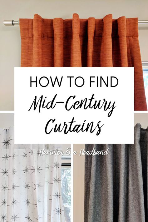 Stores are still catching up when it comes to supplying great mid-century modern products, especially when it comes to window treatments. If you’re struggling to find modern drapes, curtains and rods for your 1950s or 1960s house, start with this guide. Here’s how to find mid-century style curtains and hardware for your modern home. #homedecor #windowtreatments #moderncurtainideas Mid Century Modern Drapery Ideas, 70s Window Treatments, Mid Century Curtain Rod, Window Treatments Mid Century Modern, Mid Century Modern Window Coverings, Mid Century Modern Kitchen Window Treatments, Mcm Curtains Window Treatments, Mid Century Window Coverings, Midcentury Modern Window Coverings